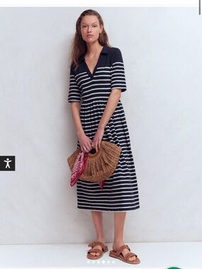 Boden Aria Collared Jersey Dress in Navy and Ivory Stripe